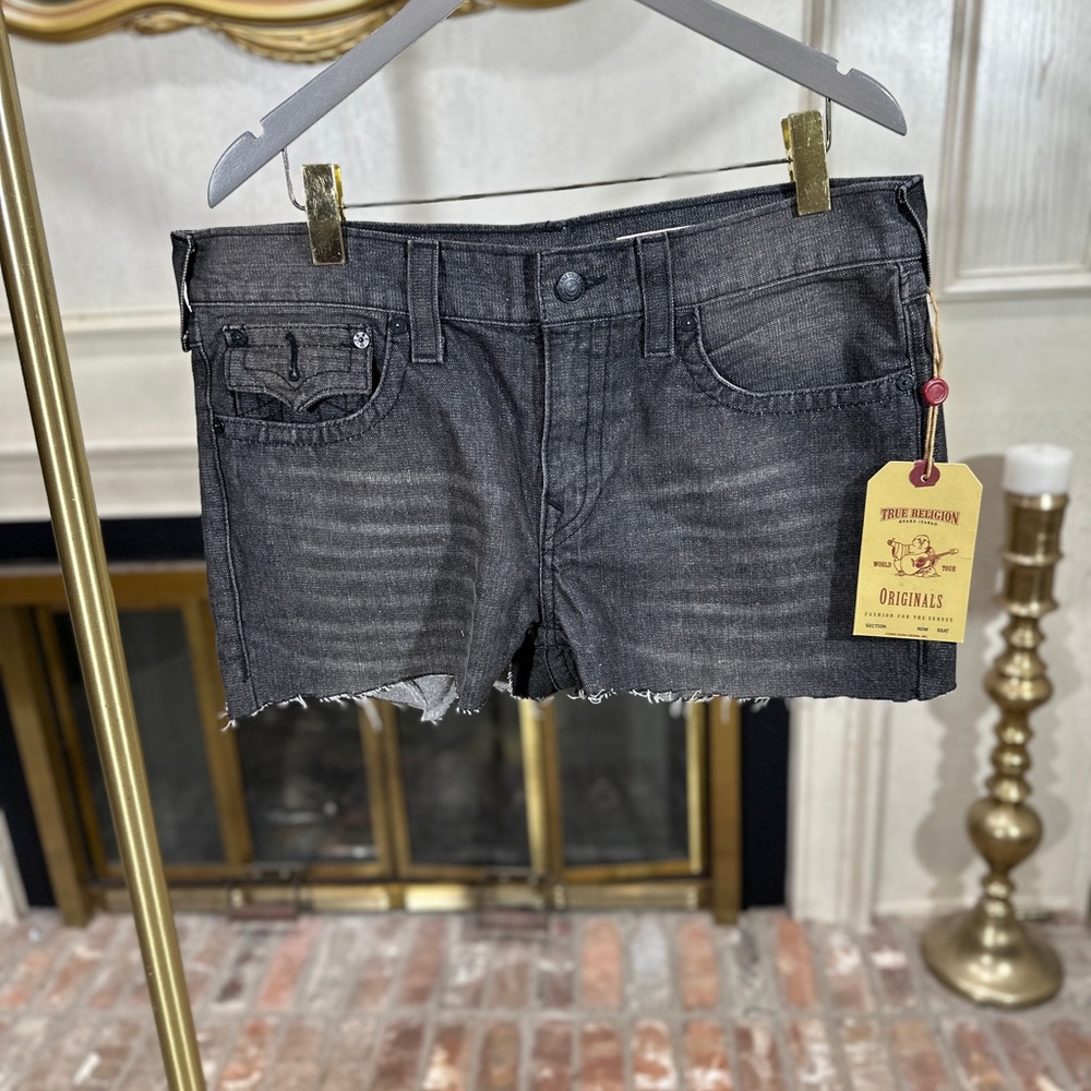 True Religion Ricky Cutoff Shorts Made in USA Raw Hem‎ Denim Black 38.5” Waist